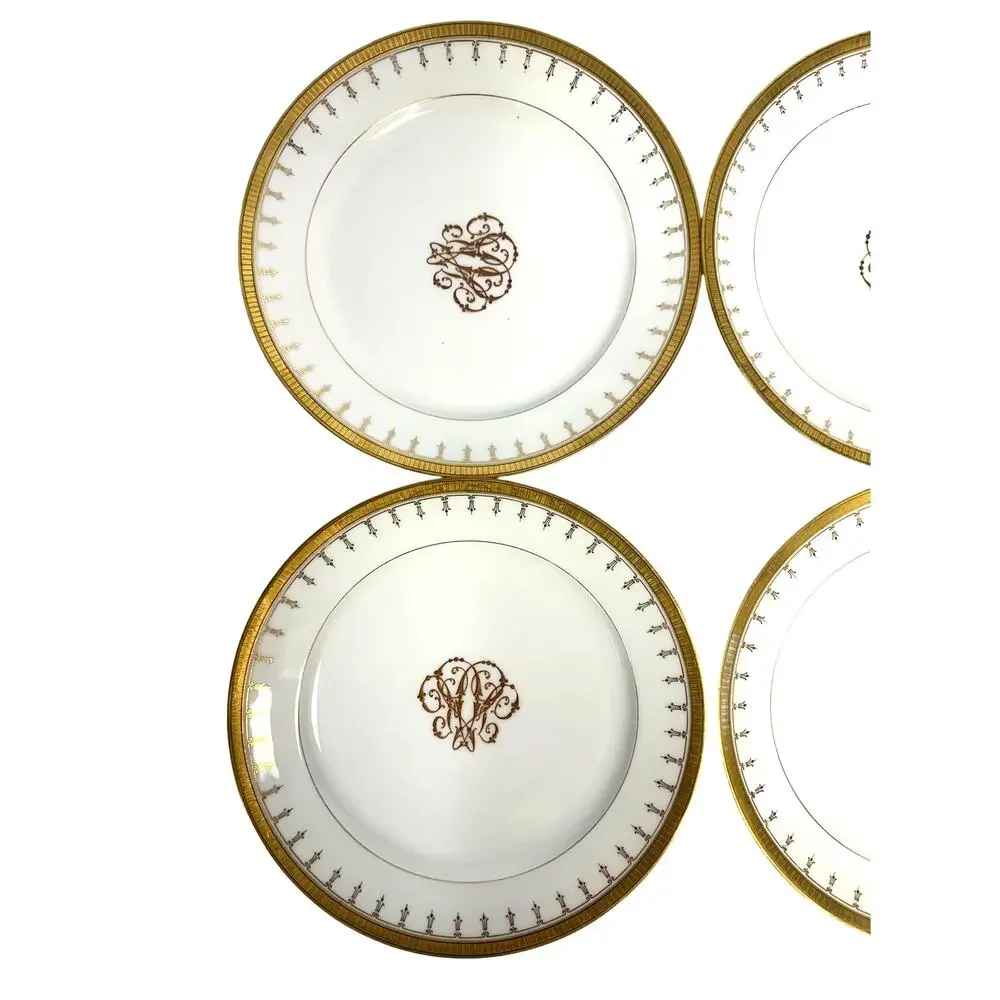 Antique Limoges Mid-1800's Porcelain Plates Elegant Gilded Design-Stunning Set 6